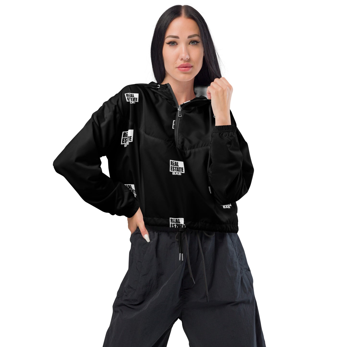 Real Estate Bae™ Women’s cropped windbreaker (black & white)