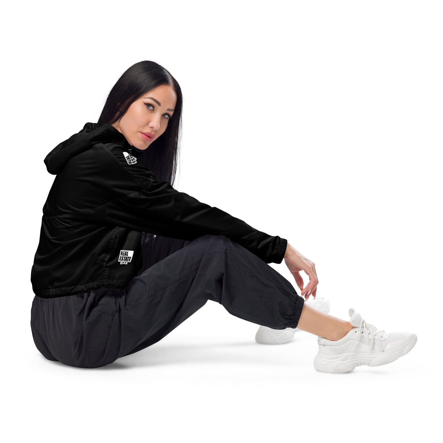 Real Estate Bae™ Women’s cropped windbreaker (black & white)