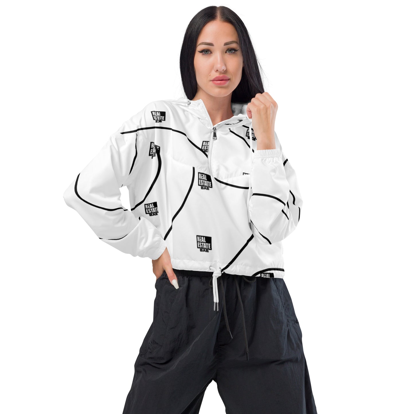 Real Estate Bae™ Women’s cropped windbreaker (black & white)